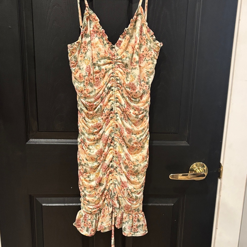 privy Peach Floral Ruched Mini Dress